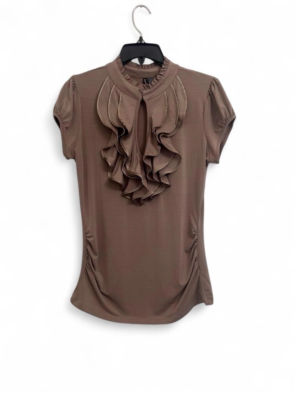 HeartSoul Brown Ruffle Keyhole Short Sleeve Blouse